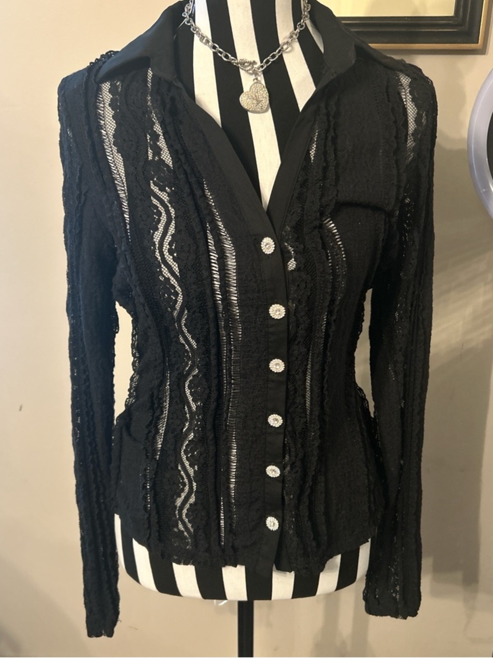 Peach Couture Black Lace Button-Up Blouse